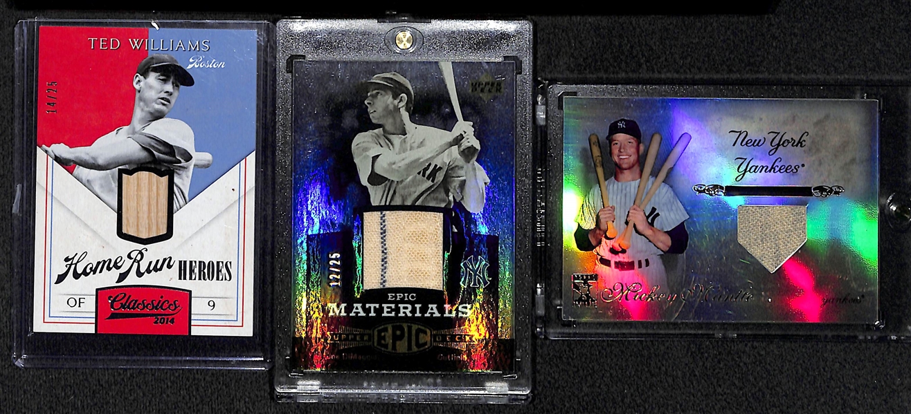 Lot Of 3 Baseball HOF Relic Cards w. Mantle & DiMaggio